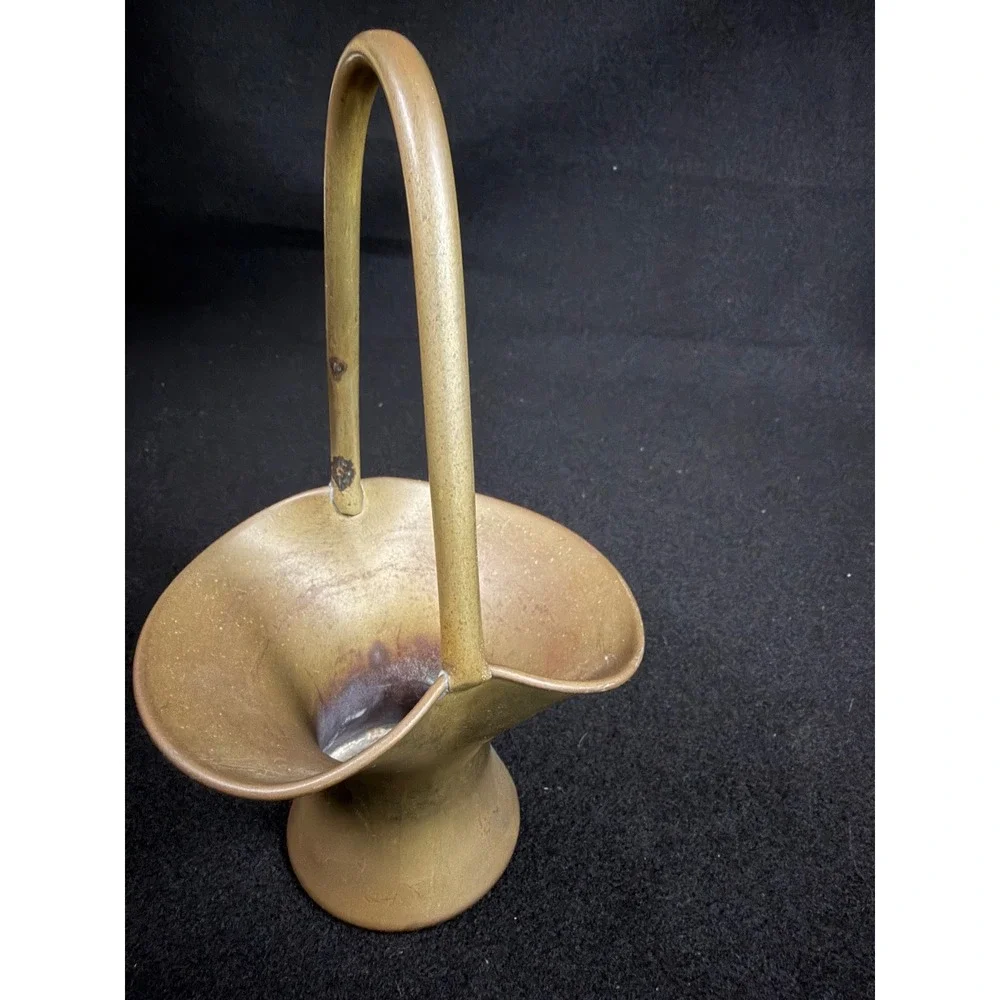 Vintage Solid Brass Flower Basket Vase Mid-Century Modern‎ Decorative MCM Handle